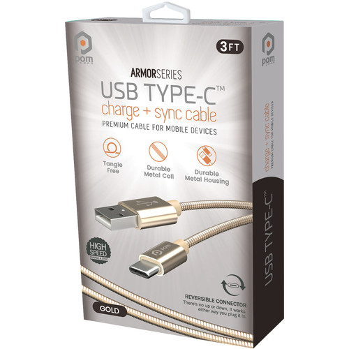POM GEAR USB Type-C Male to USB Type-A Male Metal Coil Charging Cable (3', Gold)