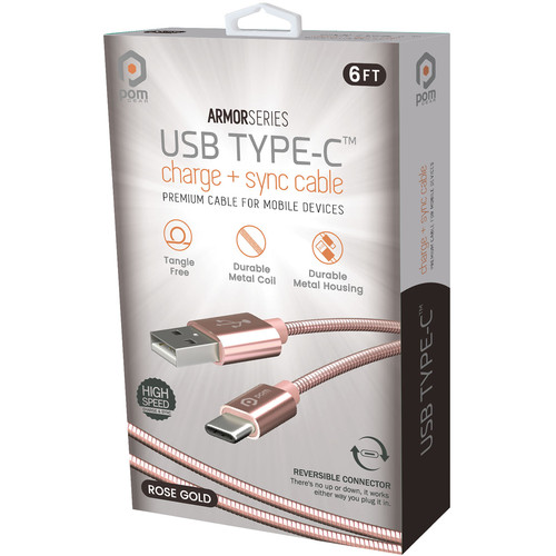 POM GEAR USB Type-C Male to USB Type-A Male Metal Coil Charging Cable (6', Rose Gold)