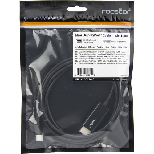 Rocstor Rocpro Mini DisplayPort Male to HDMI Male Cable (6', Black)