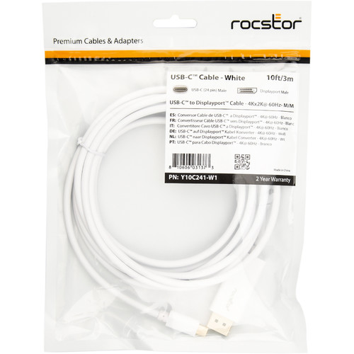 Rocstor USB Type-C to DisplayPort Cable (10', White)