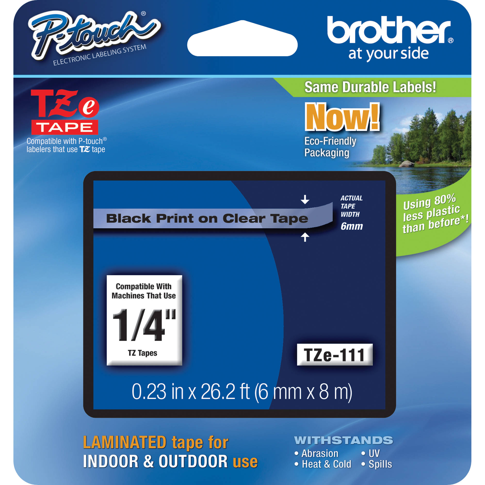 Brother TZe111 Laminated Tape for P-Touch Labelers (Black on Clear, 1/4" x 26.2')