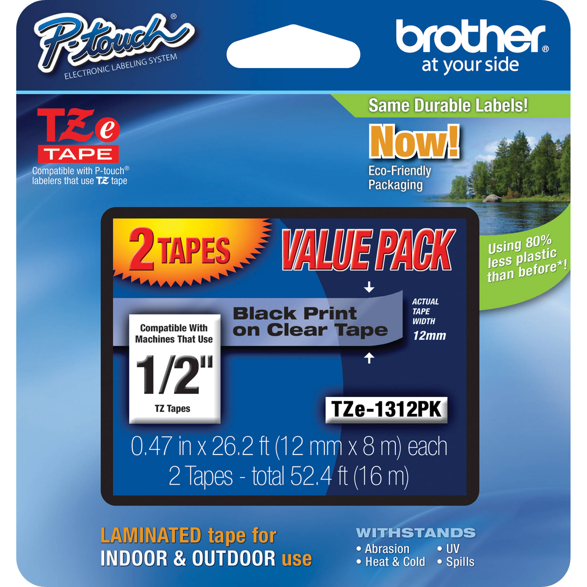 Brother Laminated Tape for P-Touch Labelers (Black on Clear, 1/2" x 26.2', 2-Pack)