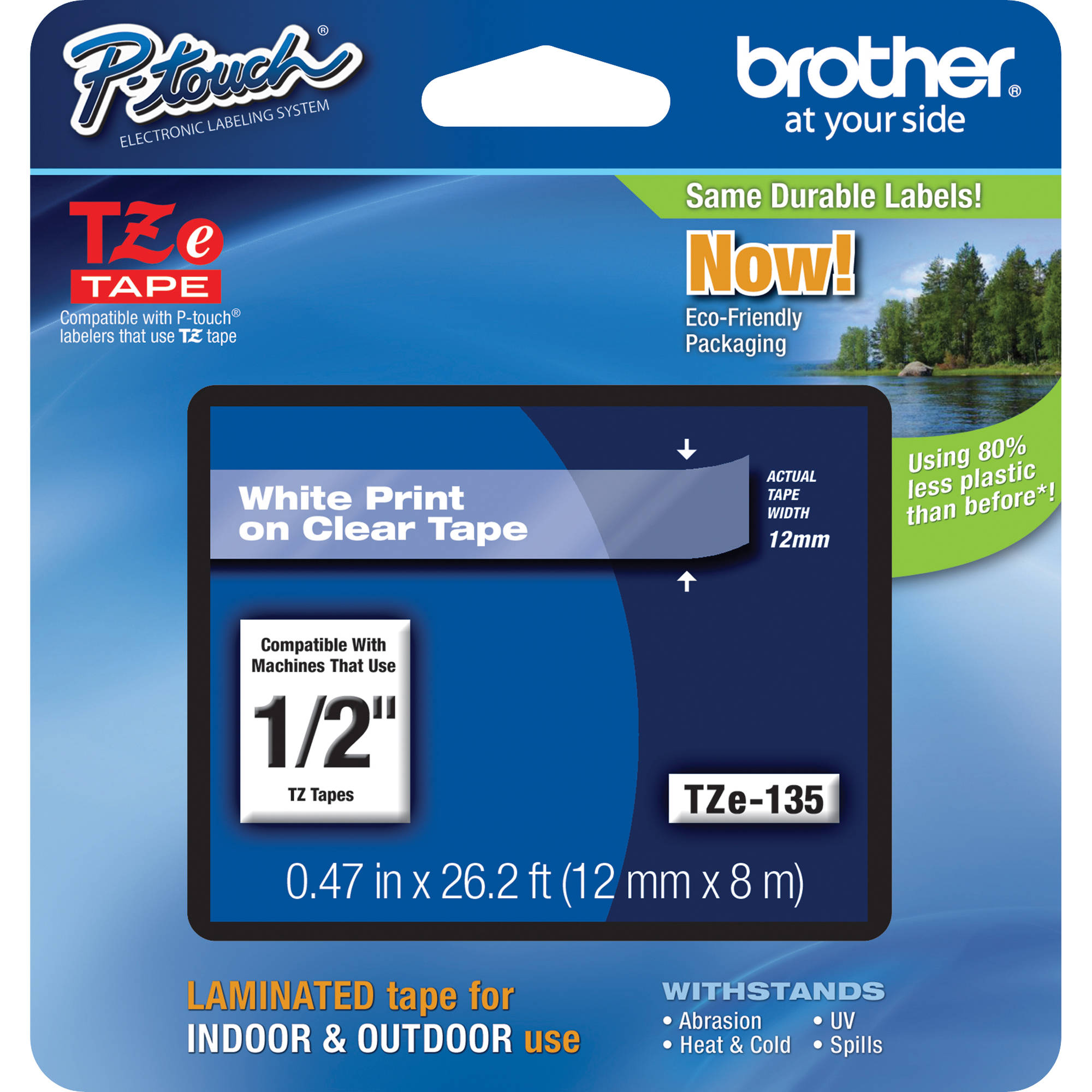 Brother TZe135 Laminated Tape for P-Touch Labelers (White on Clear, 1/2" x 26.2')