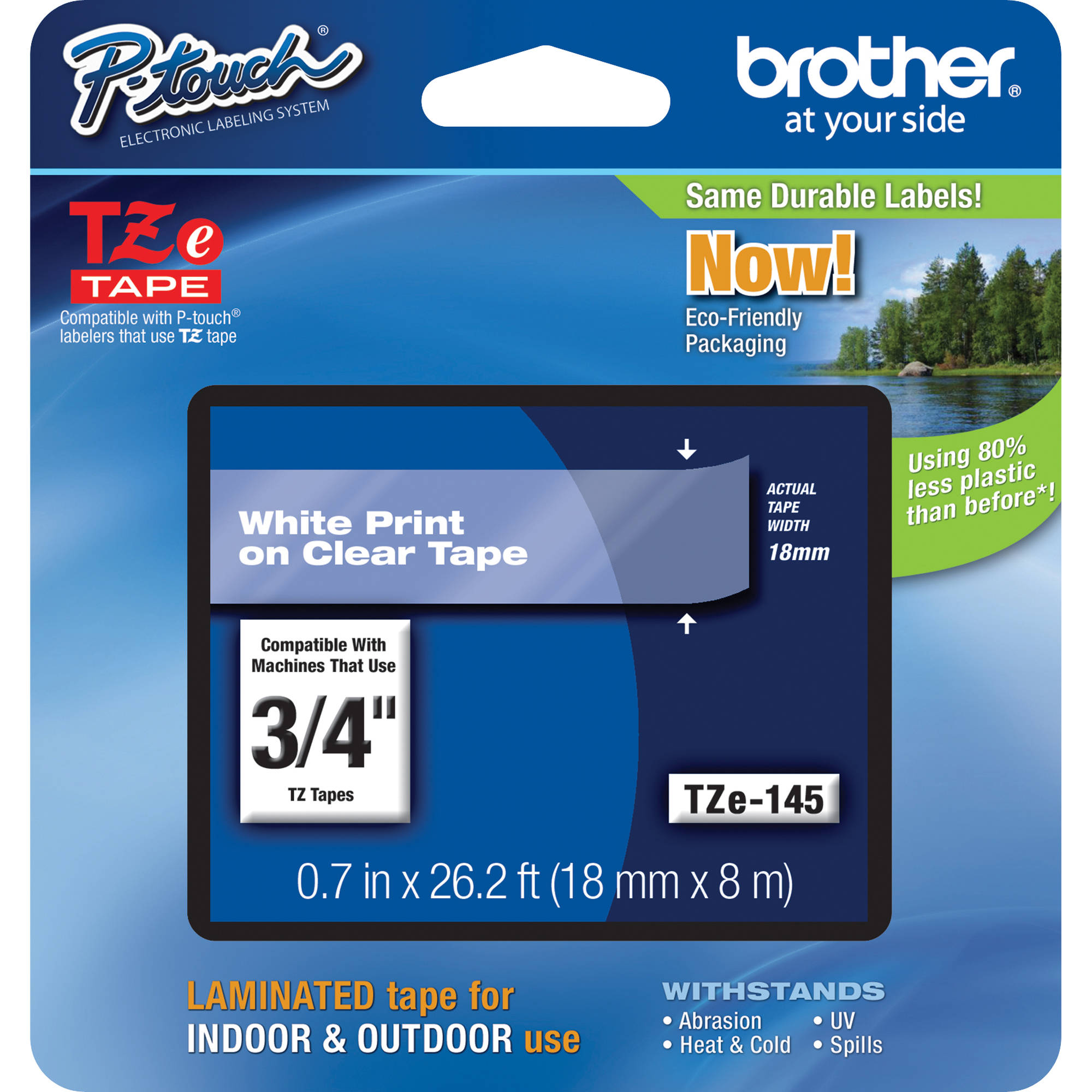 Brother TZe145 Laminated Tape for P-Touch Labelers (White on Clear, 3/4" x 26.2')