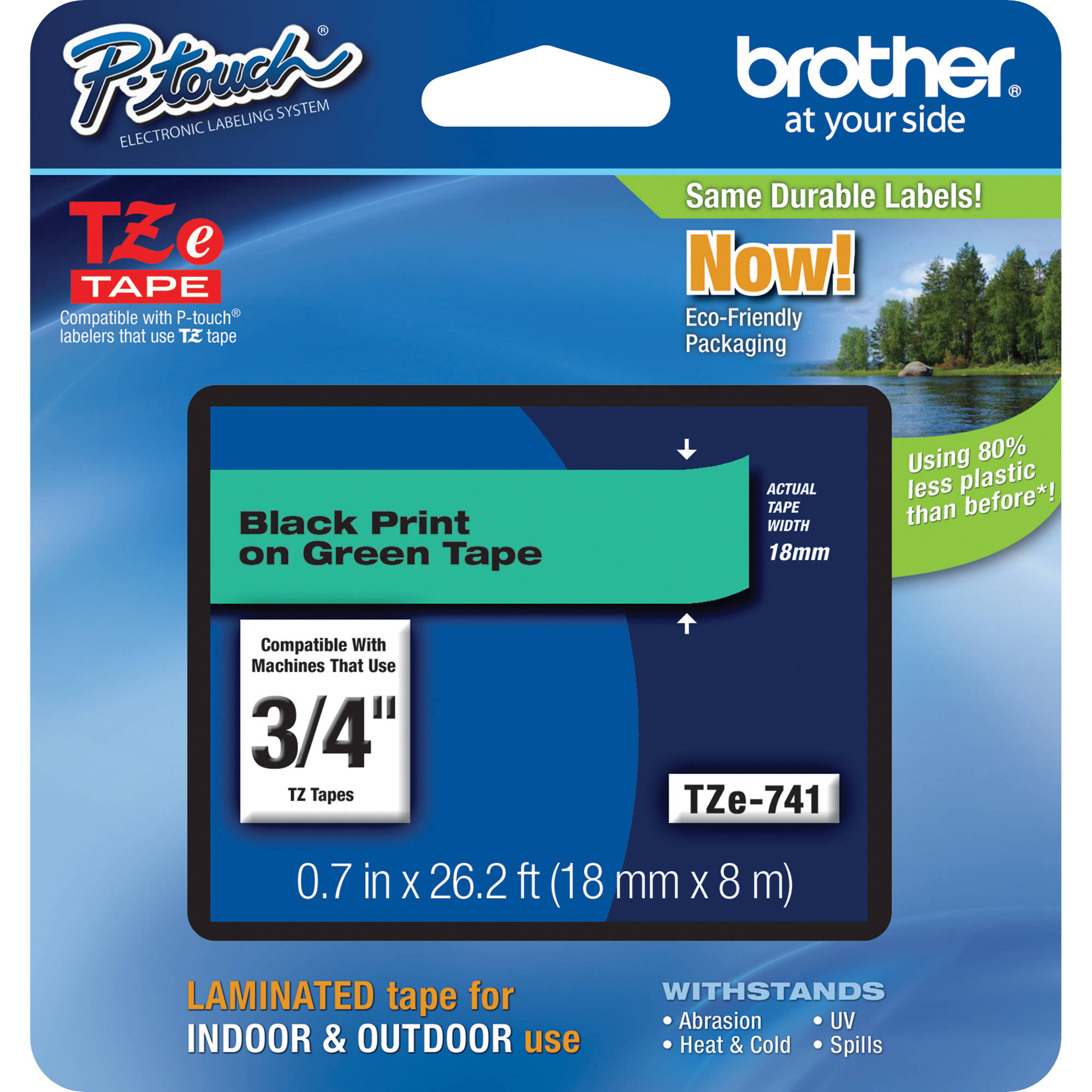 Brother TZe741 Laminated Tape for P-Touch Labelers (Black on Green, 3/4" x 26.2')