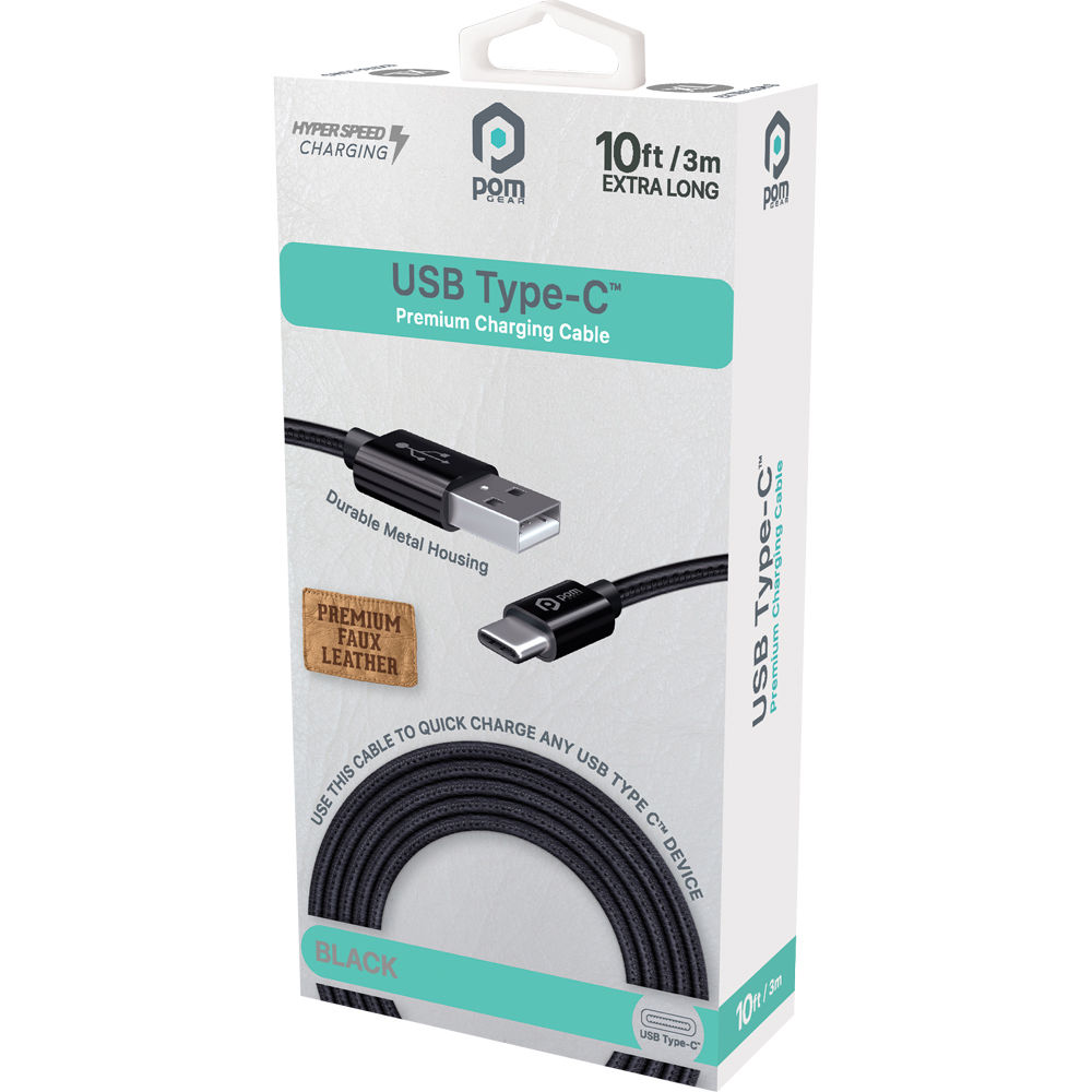 POM GEAR Faux Leather USB Type-C Charging Cable (Black, 10')