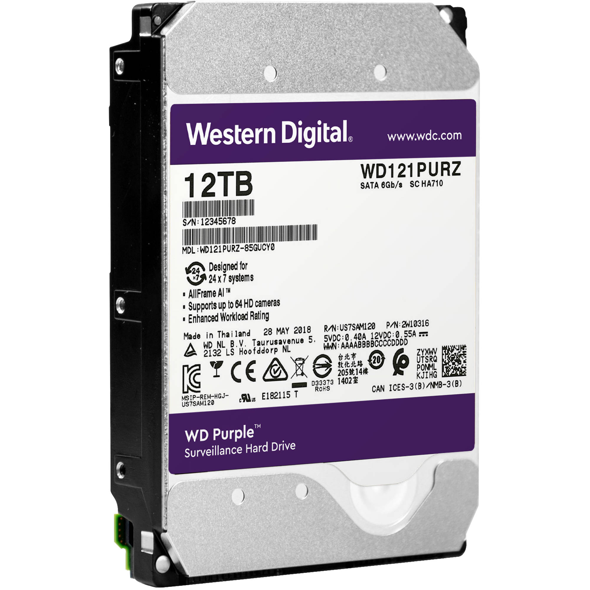 WD 12TB Purple 7200 rpm SATA III 3.5" Internal Surveillance Hard Drive (OEM)